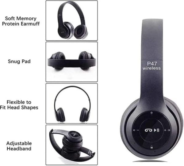 P47 Wireless Headphones - Ultra-Compact Bluetooth Headset for Gaming and Music