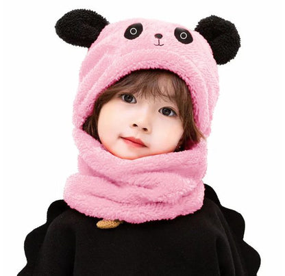 Beanie Wool Cap with Attached Neck Warmer - Kids Cartoon Panda Design