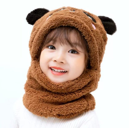 Beanie Wool Cap with Attached Neck Warmer - Kids Cartoon Panda Design