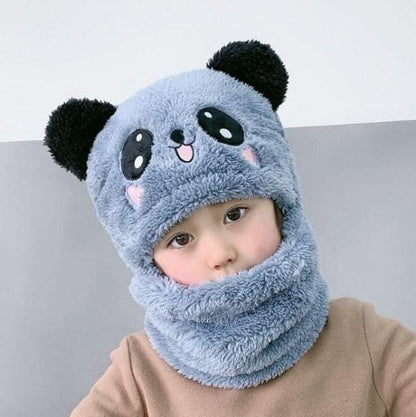 Beanie Wool Cap with Attached Neck Warmer - Kids Cartoon Panda Design